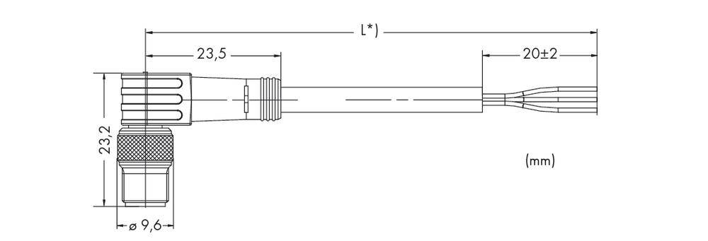 Technische Zeichnung eines Steckverbinders mit Maßen 23,2 x 9,6 mm. Gesamtlänge (L*), Kabel mit zwei Enden. Maßeinheit in Millimetern (mm).