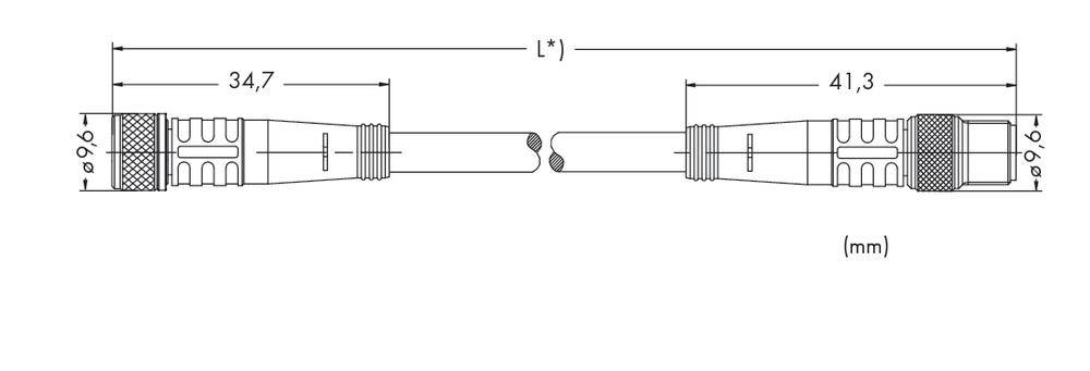 Technische Zeichnung eines generischen Kabels mit Steckern auf beiden Seiten. Gesamtlänge 'L*', Einzelmaße: 34,7 mm und 41,3 mm.