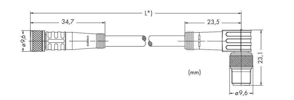 Technische Zeichnung eines Steckers mit Maßen: 34,7 mm und 23,5 mm Länge, Durchmesser 9,6 mm und 9,6 mm. Zeigt Verbindungen und Maße.