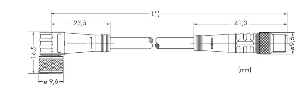 Technische Zeichnung eines Kabels mit Maßen: Länge 41,3 mm + 23,5 mm, Durchmesser 9,6 mm und 16,5 mm. Markierungen an den Enden.