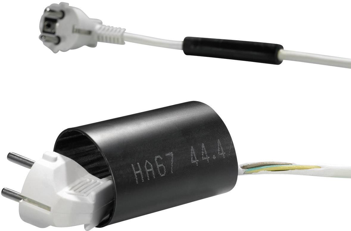 Ein elektrischer Stecker mit einem schwarzen, zylindrischen Gehäuse und sichtbaren Kabelenden. Daneben ein weiteres Kabel mit Stecker.