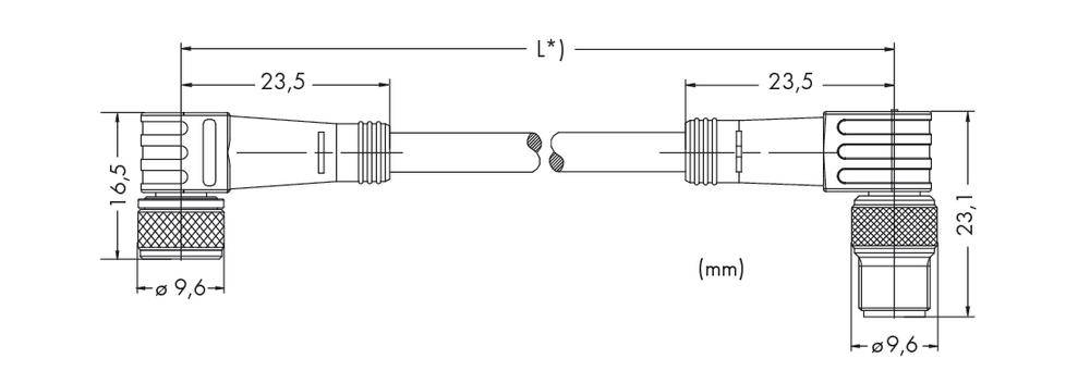 Technische Zeichnung eines Kabels mit Stecker. Maße: Gesamtlänge 'L*', Stecker-Enden jeweils 23,5 mm lang, Steckerhöhe 23,1 mm, Steckerbreite 9,6 mm.