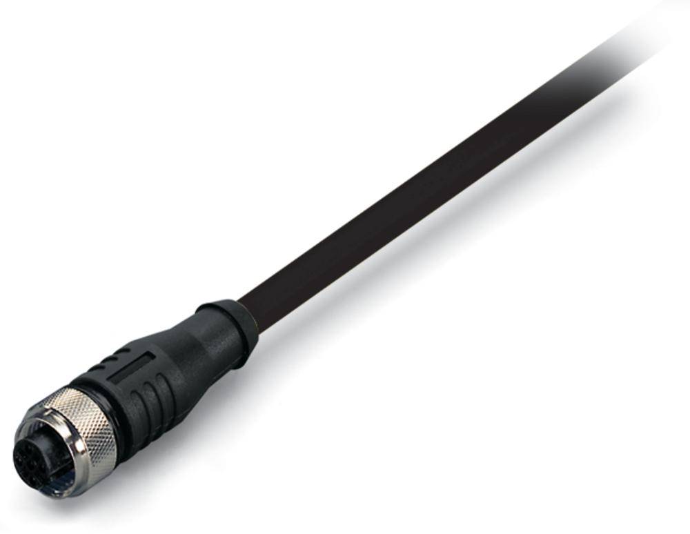 Schwarzes Kabel mit metallischen Steckerverbindungen, geeignet für industrielle Anwendungen und Vernetzung von Geräten.