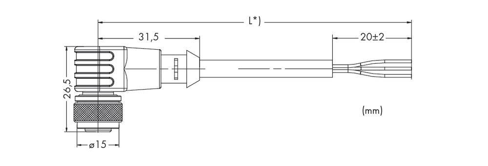 Technische Zeichnung eines zylindrischen Steckverbinders mit Maßen: Durchmesser 15 mm, Höhe 26,5 mm, Längenangaben 31,5 mm, 20±2 mm.