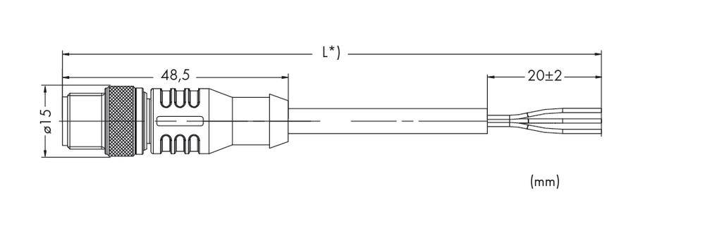 Diagramm eines zylindrischen elektrischen Steckers mit den Maßen: Durchmesser 5 mm, Länge 48,5 mm und Kabellänge 20 ± 2 mm.