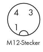 Abbildung eines M12-Steckers mit vier nummerierten Pins: 4, 3, 1. Beschriftung unterhalb des Kreises: M12-Stecker.
