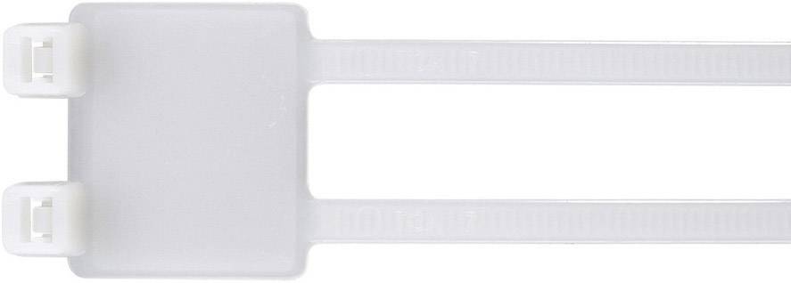 Kunststoff-Kabelbinder mit rechteckigem Etikettenbereich und zwei verriegelnden Streifen, vor weißem Hintergrund.
