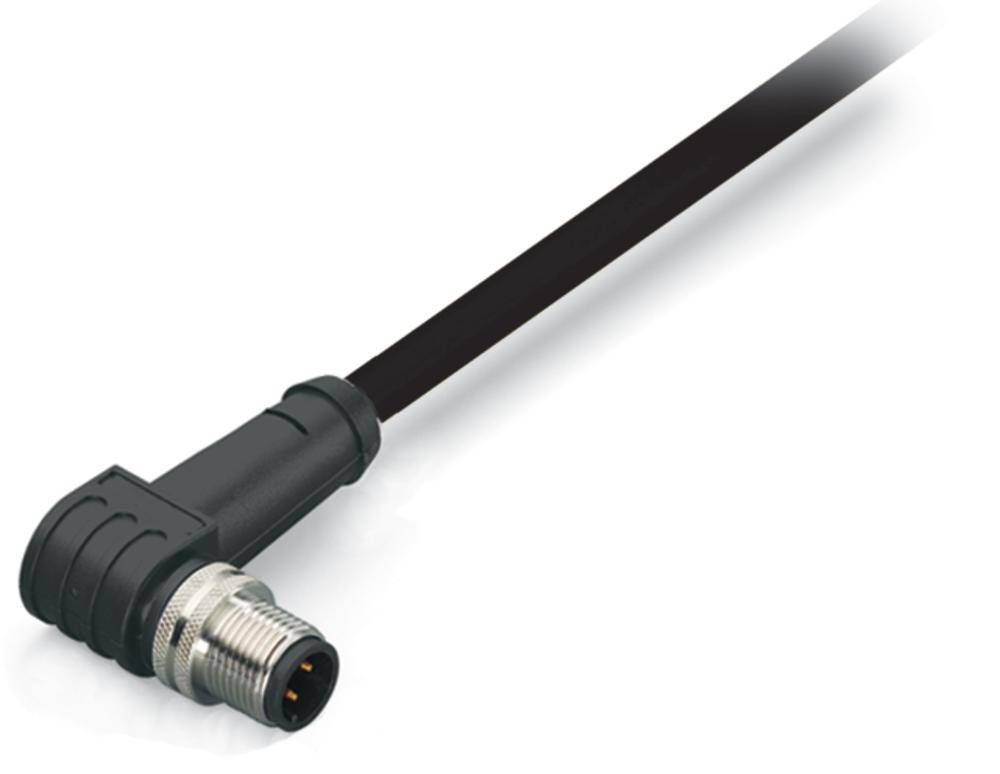 Schwarzes Kabel mit einem abgewinkelten Stecker, geeignet für industrielle Anwendungen. Der Stecker hat eine Metallfassung.