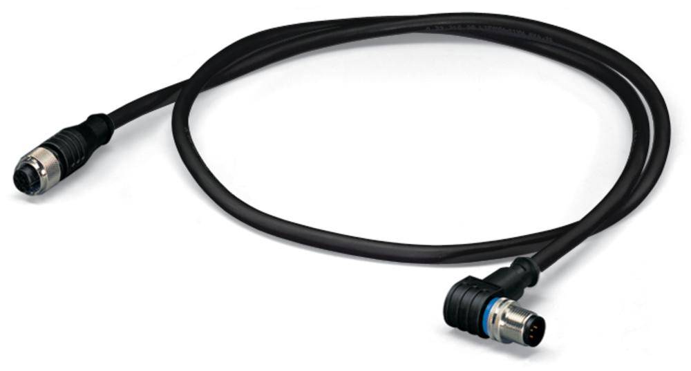 Ein schwarzes Kabel mit Rundsteckern an beiden Enden, das typischerweise für industrielle oder elektronische Verbindungen verwendet wird.