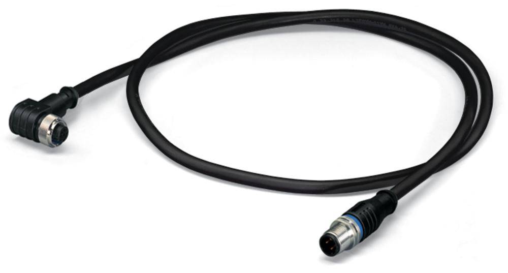 Schwarzes Kabel mit einem Winkelstecker und einem geraden Stecker, geeignet für industrielle Anwendungen.
