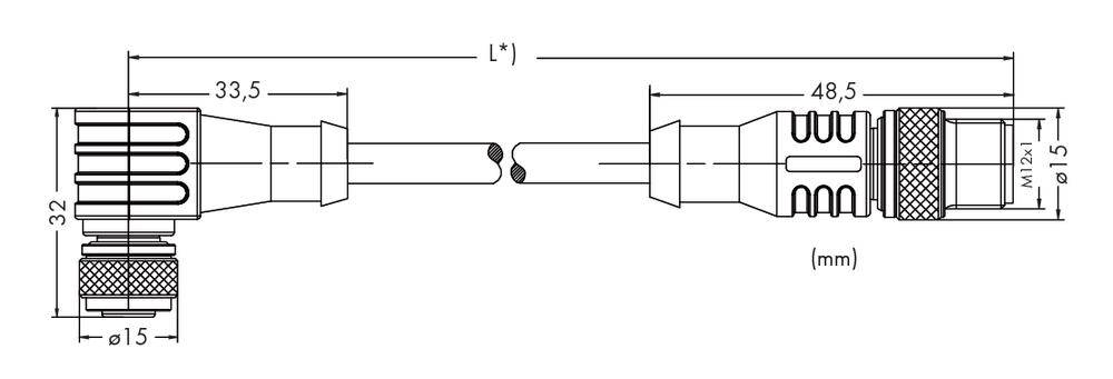 Technische Zeichnung eines Steckverbinders mit Abmessungen: Länge 48,5 mm, Durchmesser 15 mm. Weitere Details zu Design und Funktion.