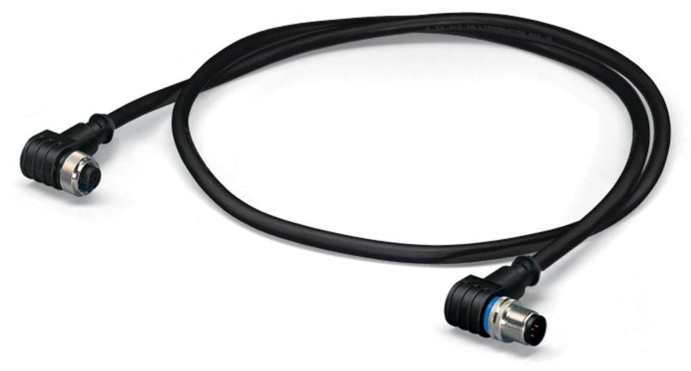 Schwarzes Verbindungskabel mit zwei runden Steckern an den Enden, das zur Datenübertragung zwischen Geräten genutzt wird.