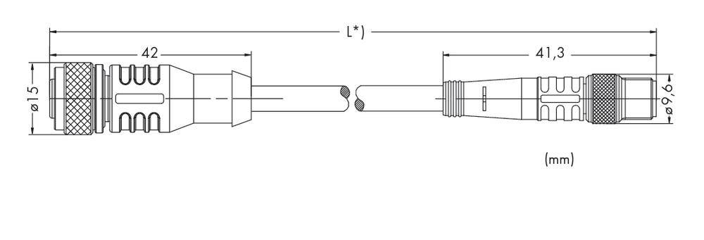Technische Zeichnung eines Steckers mit Maßen: Breite 15 mm, Länge 42 mm auf einer Seite, 41,3 mm auf der anderen. Markiert in Millimetern (mm).