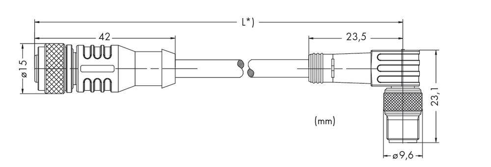 Diagramm zeigt technische Zeichnung eines Steckers mit Abmessungen: Länge 42 mm, Durchmesser 15 mm, weitere Details 23,5 mm.