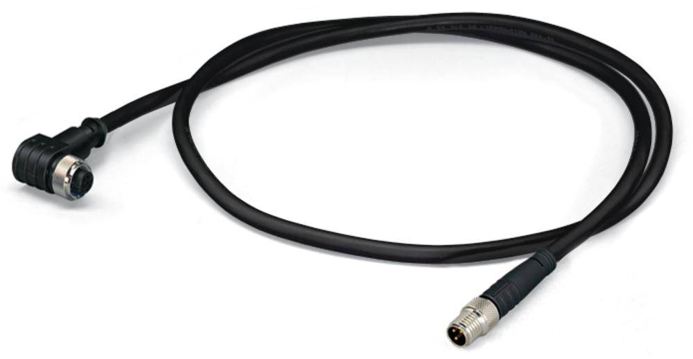 Schwarzes Sensorkabel mit abgewinkeltem Stecker auf einer Seite und einem geraden Stecker auf der anderen, zur Datenübertragung.