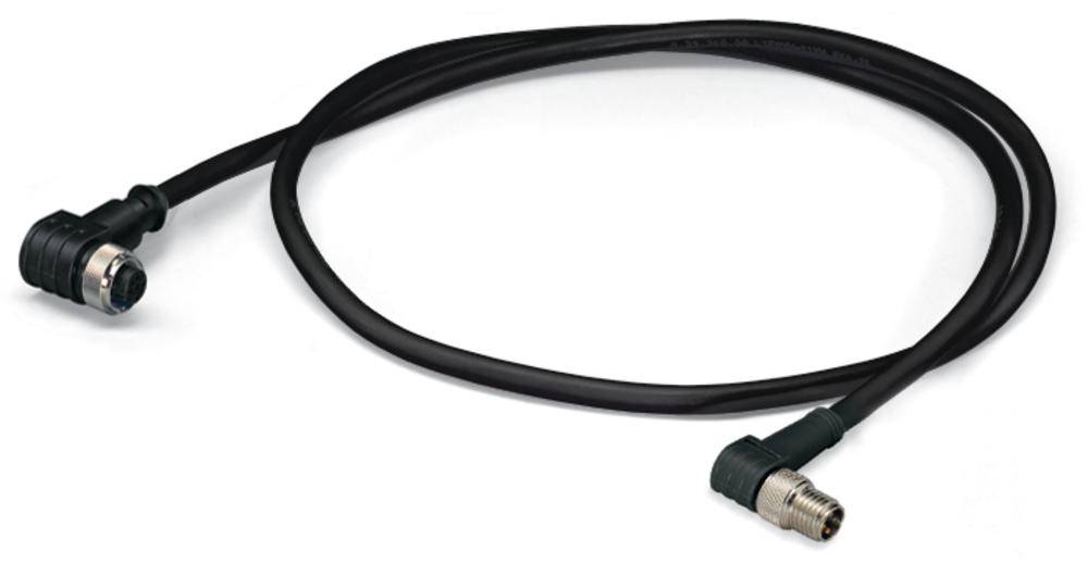 Schwarzes Koaxialkabel mit einem Winkelstecker an jedem Ende.