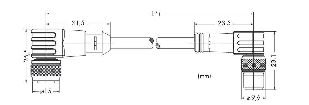 Technische Zeichnung eines Kabelsteckverbinders mit Bemaßungen in Millimetern: Länge 31,5 und 23,5; Durchmesser 15 und 9,6.
