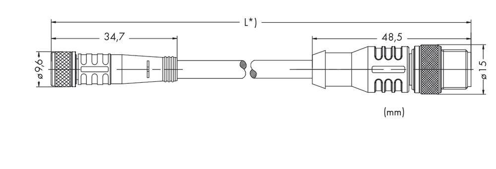 Technische Zeichnung eines Kabelverbinders mit den Maßen: linker Teil 34,7 mm lang, rechter Teil 48,5 mm lang, Gesamtlänge L in mm.