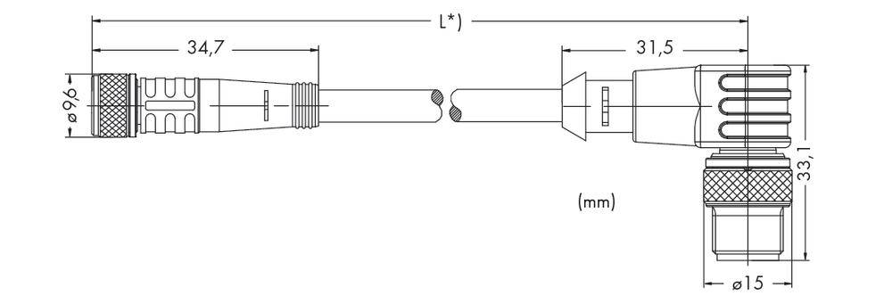 Technische Zeichnung eines Steckers mit Abmessungen: Gesamtlänge L, Durchmesser 15 mm, Höhe 9,6 mm. Details der Steckerform.