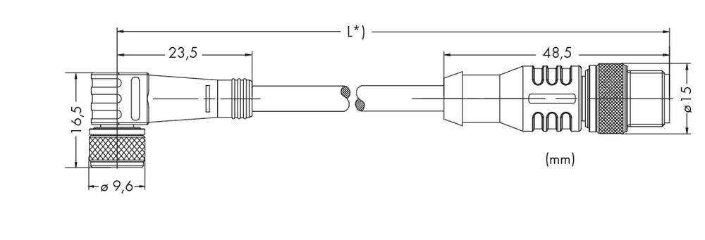 Technische Zeichnung eines Steckverbinders: Gesamtlänge L, Maße in mm angegeben. Hauptteile und Abmessungen deutlich markiert.
