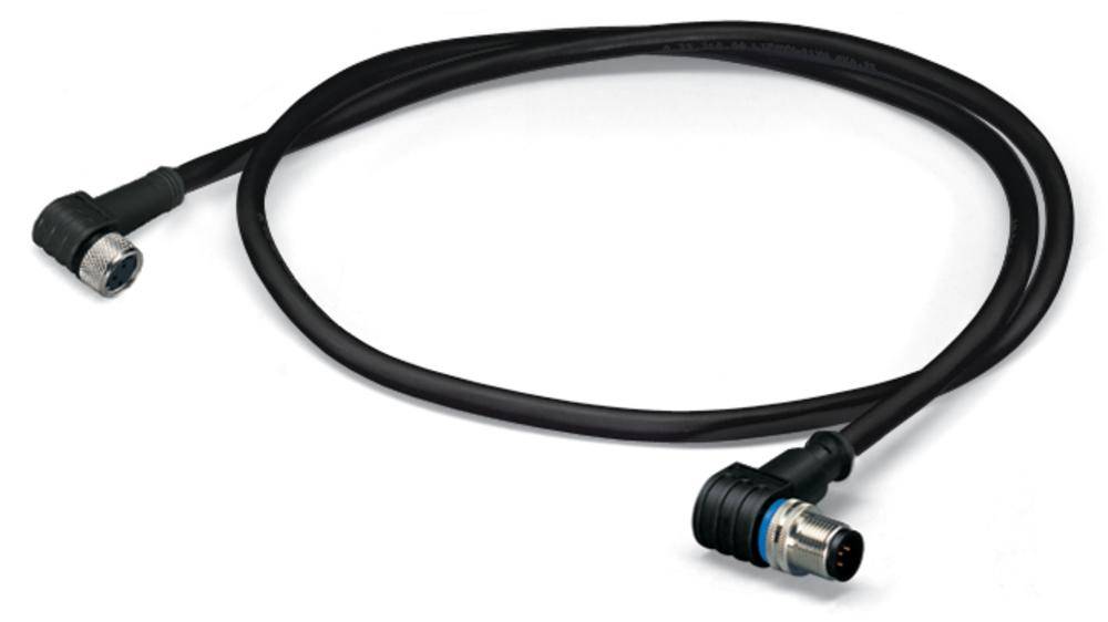 Ein schwarzes, rundes Kabel mit Steckverbindungen an beiden Enden, die für technische Geräte verwendet werden können.