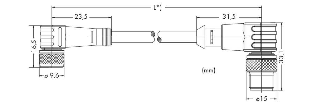 Technische Zeichnung eines Kabels mit Steckverbindern, zeigt Maße: Länge (L*), 23,5 mm, 31,5 mm, Ø 9,6 mm, Ø15 mm, 16,5 mm, 33,1 mm.