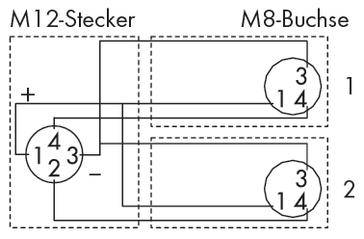 Schaltplan des M12-Steckers und M8-Buchse mit nummerierten Anschlüssen 1 bis 4. Verbindungen zwischen Pins und Verdrahtung gezeigt.