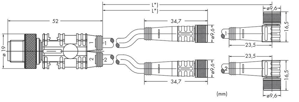 Technische Zeichnung eines Kabels mit Maßen in Millimetern. Zeigt Längen von Segmenten und Durchmesser. Zahlen geben Größen an.