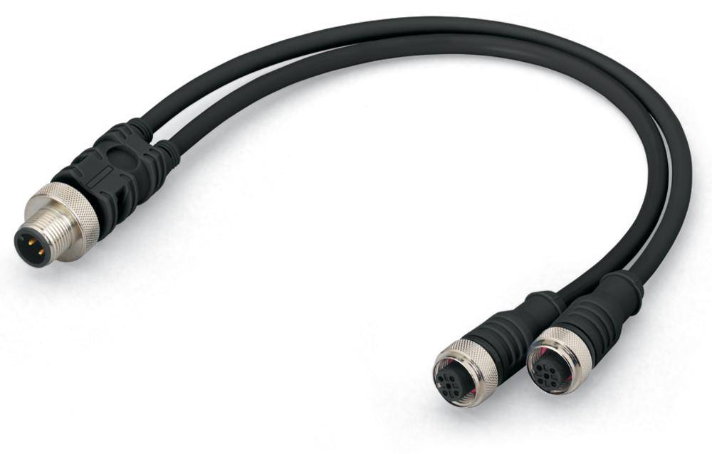 Ein Y-Kabel mit einem dreipoligen Stecker, das sich in zwei drei-polige Buchsen aufteilt. Verwendet zum Verbinden von Geräten.
