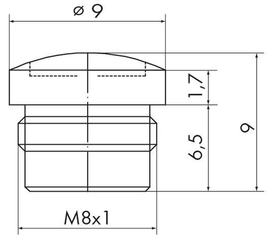 Technische Zeichnung eines zylindrischen Teils mit einer Länge von 9 mm und einem Durchmesser von 9 mm, Gewinde M8x1.