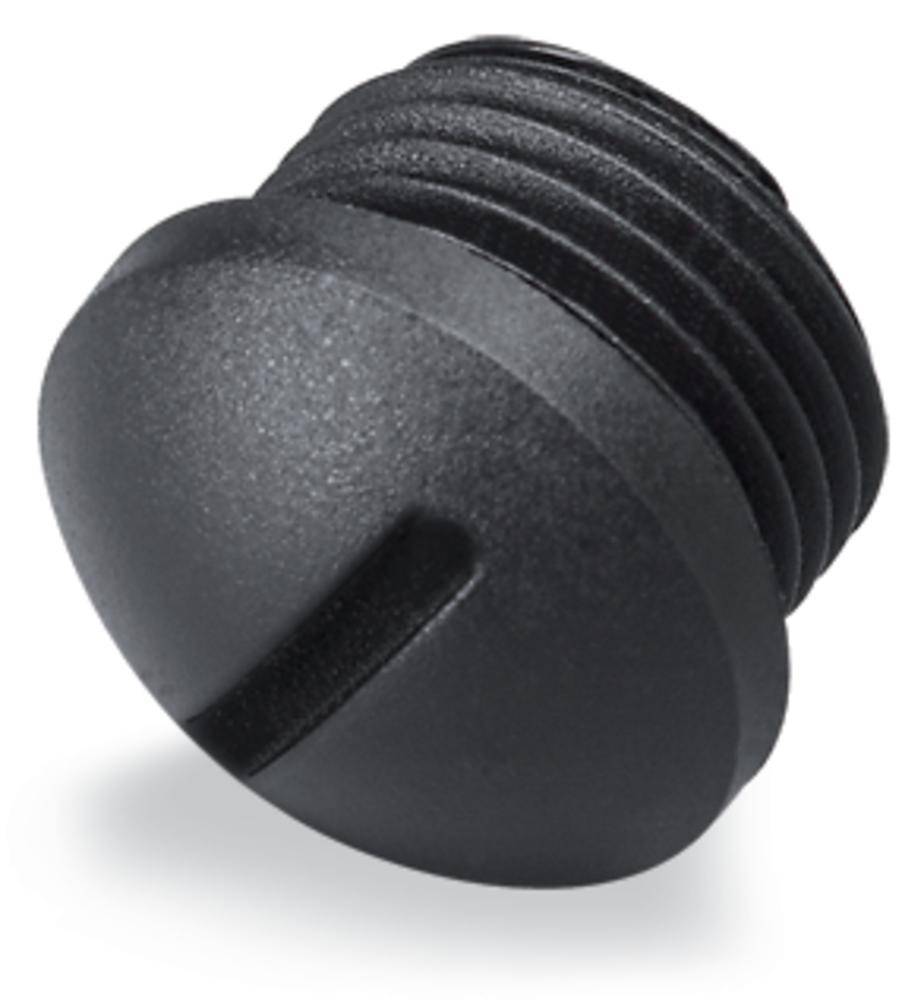 Rundes, schwarzes Plastikgewinde mit schlitzförmiger Einkerbung, möglicherweise als Abdeckung oder Verschluss für Rohre oder Behälter.