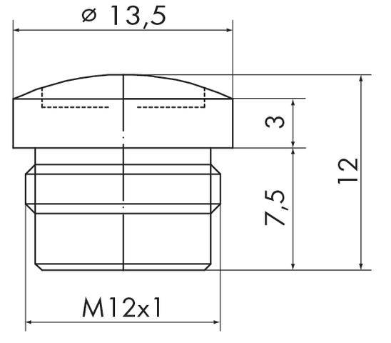 Technische Zeichnung eines Schraubverschlusses, Durchmesser 13,5 mm, Höhe 12 mm, Gewinde M12x1, Maße 3 mm und 7,5 mm angegeben.
