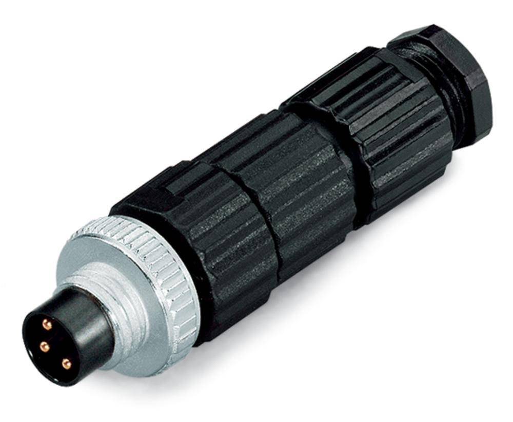 Runder elektrischer Steckverbinder mit schwarzem Gehäuse und Metallring. Enthält drei Steckkontakte am Ende. Geeignet für industrielle Anwendungen.