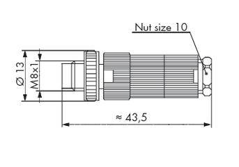 Technische Zeichnung eines Bauteils mit den Maßen: Länge etwa 43,5 mm, Durchmesser 13 mm, Gewinde M8x1, Muttergröße 10.