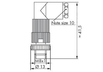 Technische Zeichnung eines Ventils mit Gewindegröße M8x1. Beschriftet mit 'Nute size 10', umfasst auch Längenmaß von 41,5 mm.
