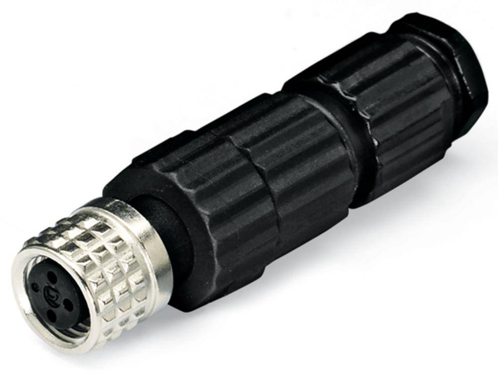 Ein schwarzer, zylindrischer Steckverbinder mit einem metallischen Ring am Ende, geeignet für die Verbindung von Kabeln.