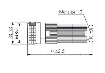 Technische Zeichnung eines Bauteils mit Verschraubung. Maße: Durchmesser 13, Gewinde M8x1, Gesamtlänge ca. 43,5, Muttergröße 10.