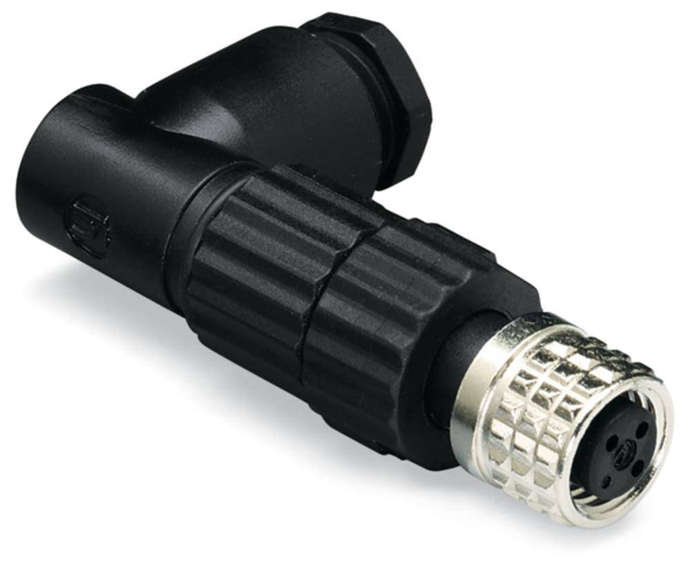 Ein schwarzer, rechtwinkliger elektrischer Steckverbinder mit geripptem Griff und silbernem Metallverschluss.