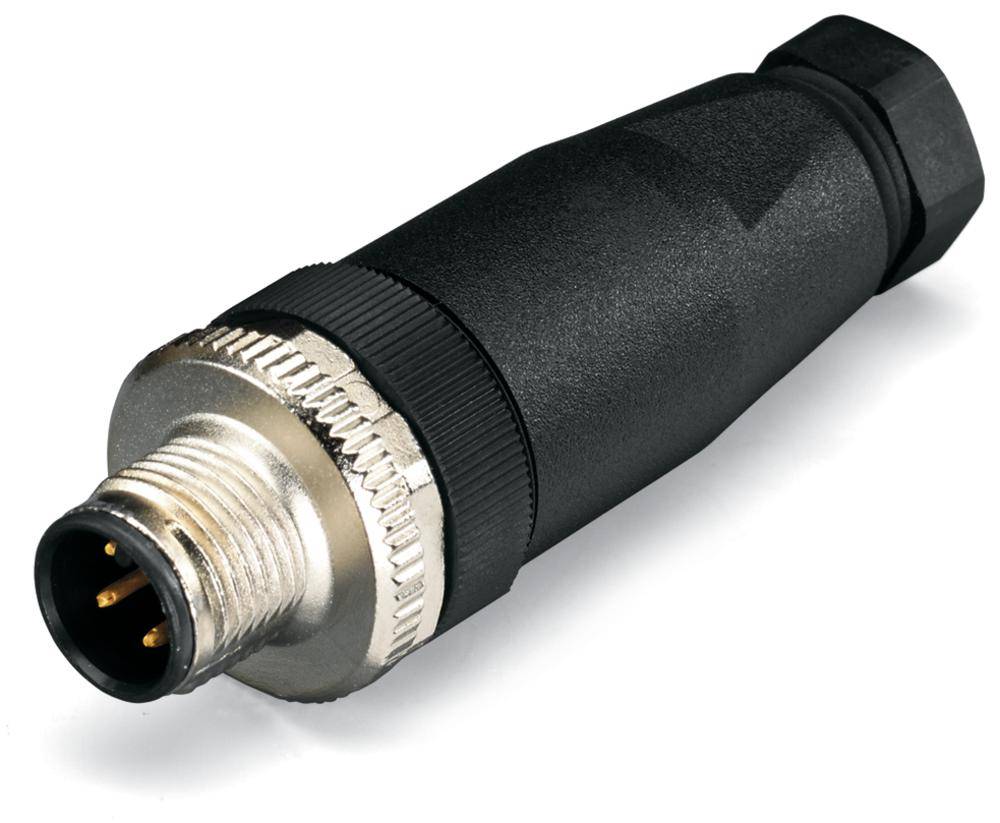 Schwarzer, zylindrischer Steckverbinder mit Metallgewinde und drei goldenen Pins, geeignet für industrielle Kabelverbindungen.