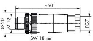 Technische Zeichnung eines Steckverbinders mit den Maßen: Gesamtlänge 60 mm, Durchmesser 20 mm, Schlüsselweite 18 mm, PG7-Gewinde.