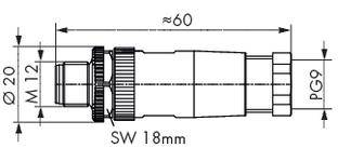 Technische Zeichnung eines Steckverbinders mit Maßen: Länge ca. 60 mm, Durchmesser 20 mm, Schlüsselweite 18 mm, Gewinde PG9.