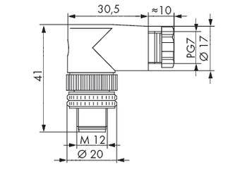 Technische Zeichnung eines Einsteckwinkels mit Maßen: Höhe 41 mm, Länge 30,5 mm. Verbindungsdurchmesser 20 mm, Gewindegröße M12, PG7.