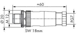 Technische Zeichnung eines zylindrischen Steckverbinders mit Maßen: Durchmesser ø20 und Länge ≈60, Gewinde PG7, Schlüsselweite SW 18mm.