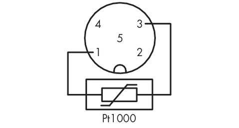 Schaltschema eines Temperatursensors mit Bezeichnungen '1' bis '5' und 'Pt1000'. Verbindungsdrähte zwischen den Komponenten sind gezeigt.