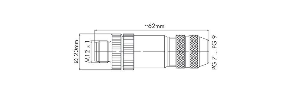 Technische Zeichnung eines Steckverbinders mit Maßen: Länge ca. 62 mm, Durchmesser 20 mm, Gewinde M12x1, Bereiche PG 7 bis PG 9.