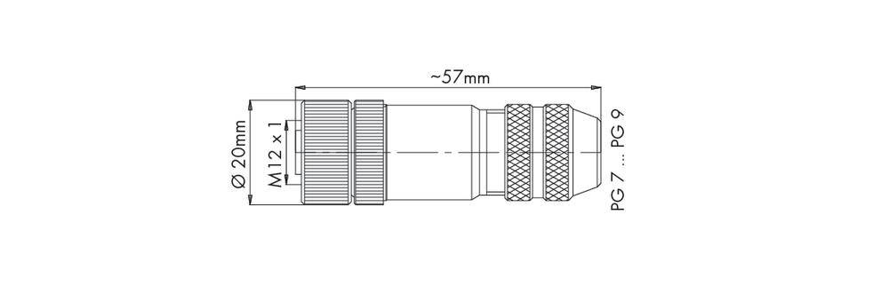 Zeichnung eines Steckverbinders mit Gewinde M12x1, Länge ca. 57 mm, Außendurchmesser 20 mm, mit PG-7 und PG-9 Anpassungen.