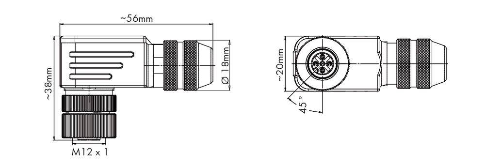 Technische Zeichnung eines Winkelsensors mit Abmessungen: 56 mm Länge, 38 mm Höhe, 18 mm Ø. Verbindung M12 x 1, Ansicht von zwei Seiten.