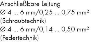 Anschließbare Leitung zeigt Kabeldurchmesser und Querschnitt für Schraub- und Federtechnik: Ø 4-6 mm, 0,25-0,75 mm², 0,14-0,50 mm².
