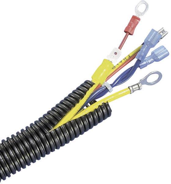 Ein Bündel farbiger elektrischer Kabel aus einer schwarzen, flexiblen Ummantelung ragt heraus, mit verschiedenen Anschlussklemmen.