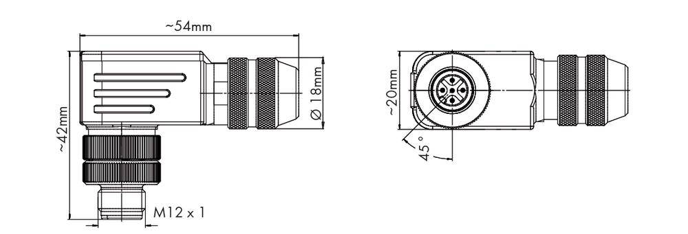 Technische Zeichnung eines rechtwinkligen Steckverbinders mit spezifischen Maßen: Länge 54 mm, Höhe 42 mm, Durchmesser 18 mm.